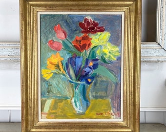 Impressionist Vintage Painting Oil on Board of Flowers in a Still Life Composition - Scandinavian Vintage Framed Original Art