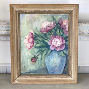 Peonies - Vintage European Oil on Board Still Life Painting of Pink Peony Flowers in a Vase Original Swedish Art by Marta Bramzeliuz b.1899