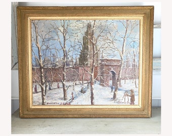 New York Original Oil Painting of Washington Square Park, Manhattan on a Winter’s Day - by Swedish artist Ragnar Olson (1884-1949)