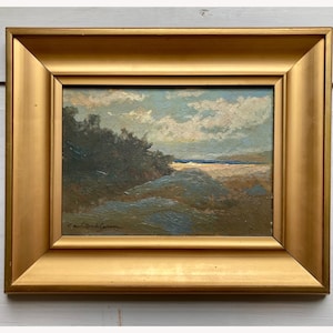 Sunlight on the Shore - Vintage Scandinavian Oil on Board Framed Painting of the Last Sun on a Beach Shoreline