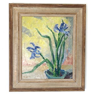 Impressionist Vintage Painting Oil on Board of Iris Flowers in a Still Life Composition Scandinavian Vintage Framed Original Art Dated 1940