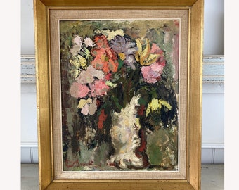 Expressionist Still Life of Flowers Framed Vintage Original Floral Bouquet Oil on Board Painting