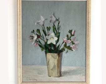 Campanula Flowers - Vintage Mid Century Modern Scandinavian Original Oil Painting by Leopold Morsing