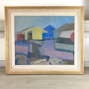 Coastal Houses - Mid Century Modern Swedish Oil on Canvas Painting Dated 1955