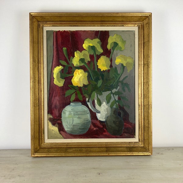 Vintage Floral Still Life Painting Dated 1951 - A Large Scandinavian Mid-Century Original Framed Oil on Board