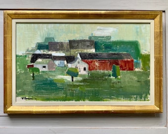 The Hillside Village - Swedish Mid Century Modern Original Oil Painting