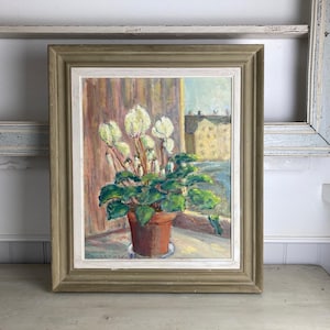 Flowers in the Window - Vintage Scandinavian Oil on Canvas Painting of White Cyclamen Flowers in a Pot Dated 1953 Swedish Original Painting