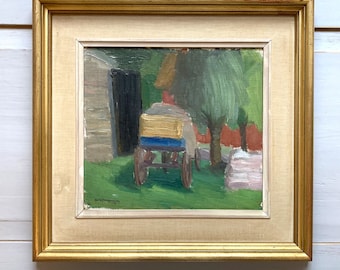 The Painted Cart - A MID CENTURY Oil on Board of a Summer Country Scene  - Scandinavian Vintage Framed Painting