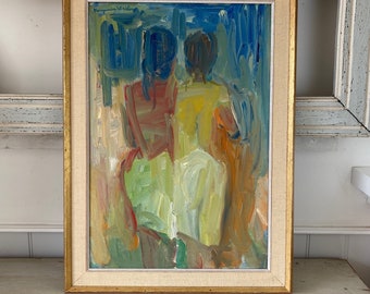 Vintage Mid Century Modern Painting of Two Women Walking Arm in Arm Titled ‘Promenad’ by Margareta Wallin (born 1912)