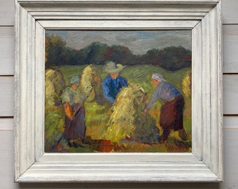 Vintage European Painting of Hay stooks and Harvest Time - Framed Oil on Board Circa 1950