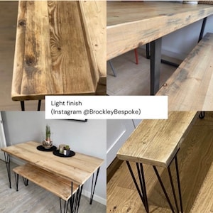 May include: A light wood dining table and bench set with black hairpin legs. The table and bench have a rustic, reclaimed wood look. The caption reads "Light finish (Instagram @BrockleyBespoke)".