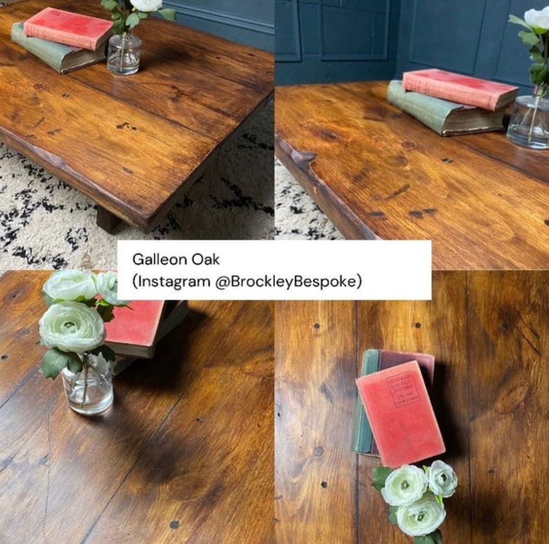 May include: A rustic wooden coffee table with a natural wood finish. The table is made of thick planks of wood and has a live edge design. The table is decorated with books and flowers.