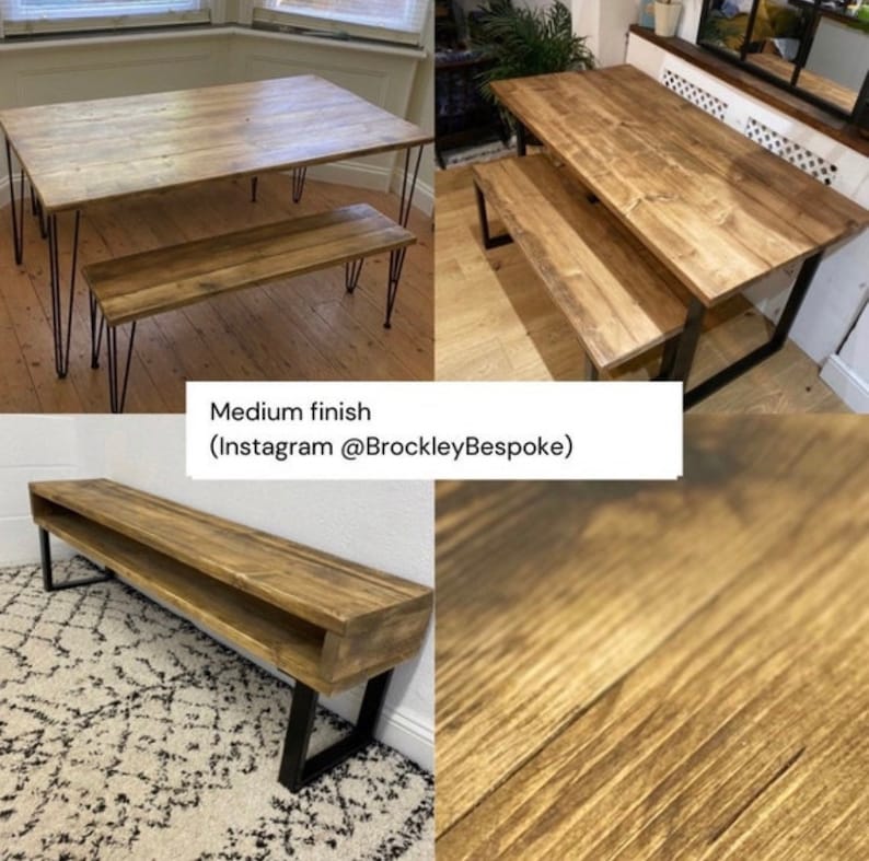 May include: A set of wooden dining tables and benches with black hairpin legs. The tabletops have a medium wood finish. The benches are made of reclaimed wood and have a natural wood finish. The tables and benches are shown in different settings, including a living room and a dining room.