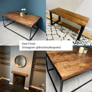 May include: A dark wood coffee table with a black metal frame. The table has a rustic look and is perfect for a living room or family room. The table is shown in multiple settings, including a living room with a fireplace and a bedroom with a rug.