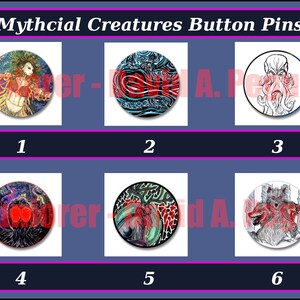 Mythical Creatures BUTTON PINS, Monsters, Magical, Mermaids, Wendigo ...