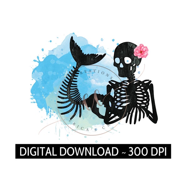 Mermaid Skull, Digital Download, PNG, Mermaid with Flower, Grunge Effect