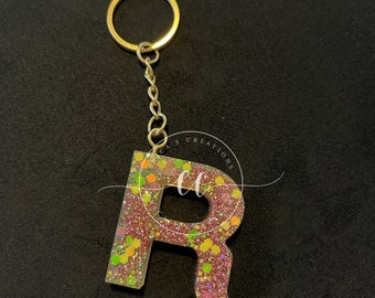Yellow and Pink Glitter R Keychain, Gold Keychain