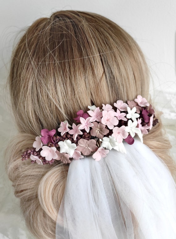 Pink flowers hair comb, Bridal floral tiara, Bride to be headpiece, Boho bride headpiece, Wedding guest headpiece, Blossom pink flowers