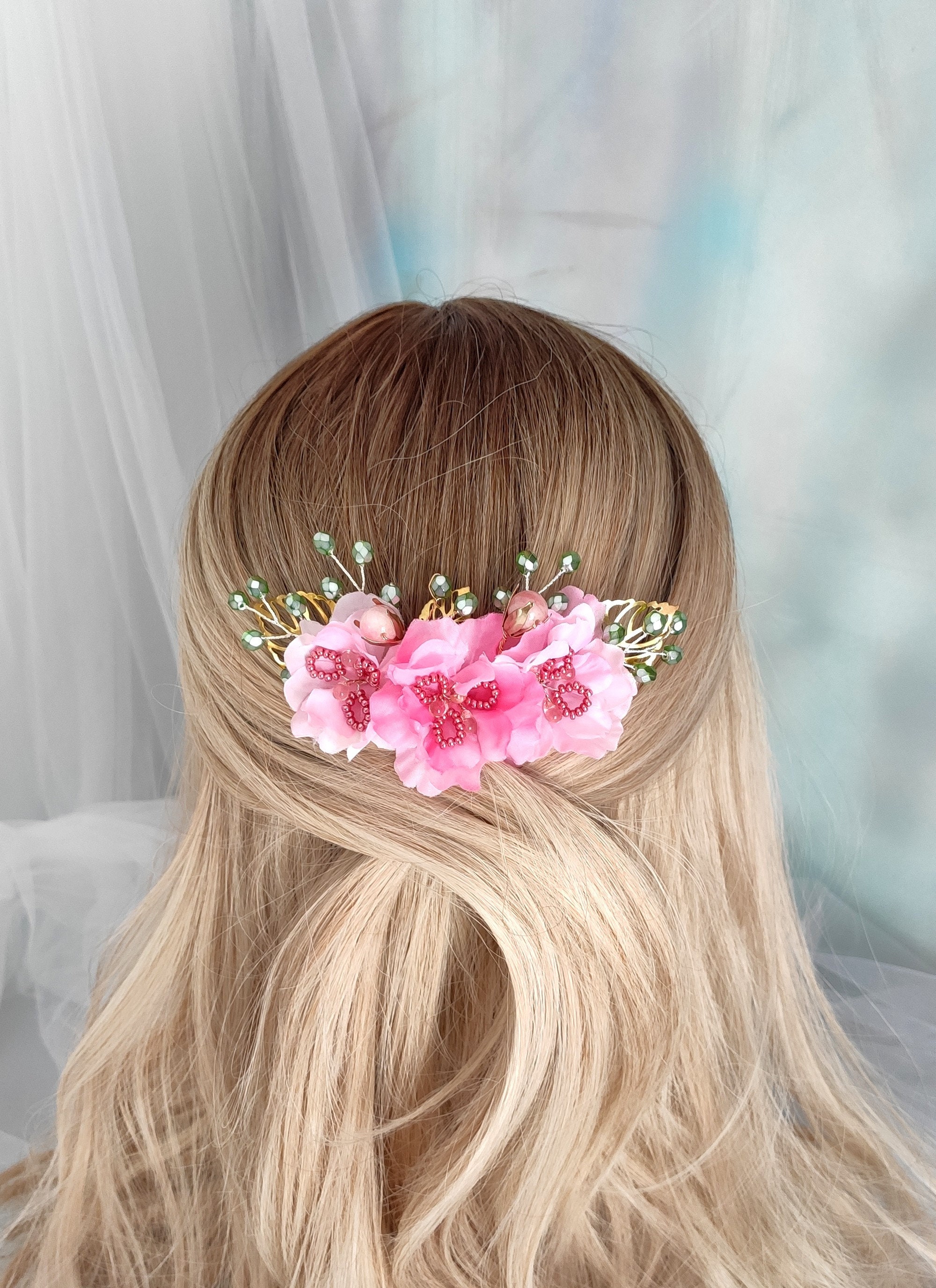 Pink flowers hair comb Floral comb with beades Green and Etsy