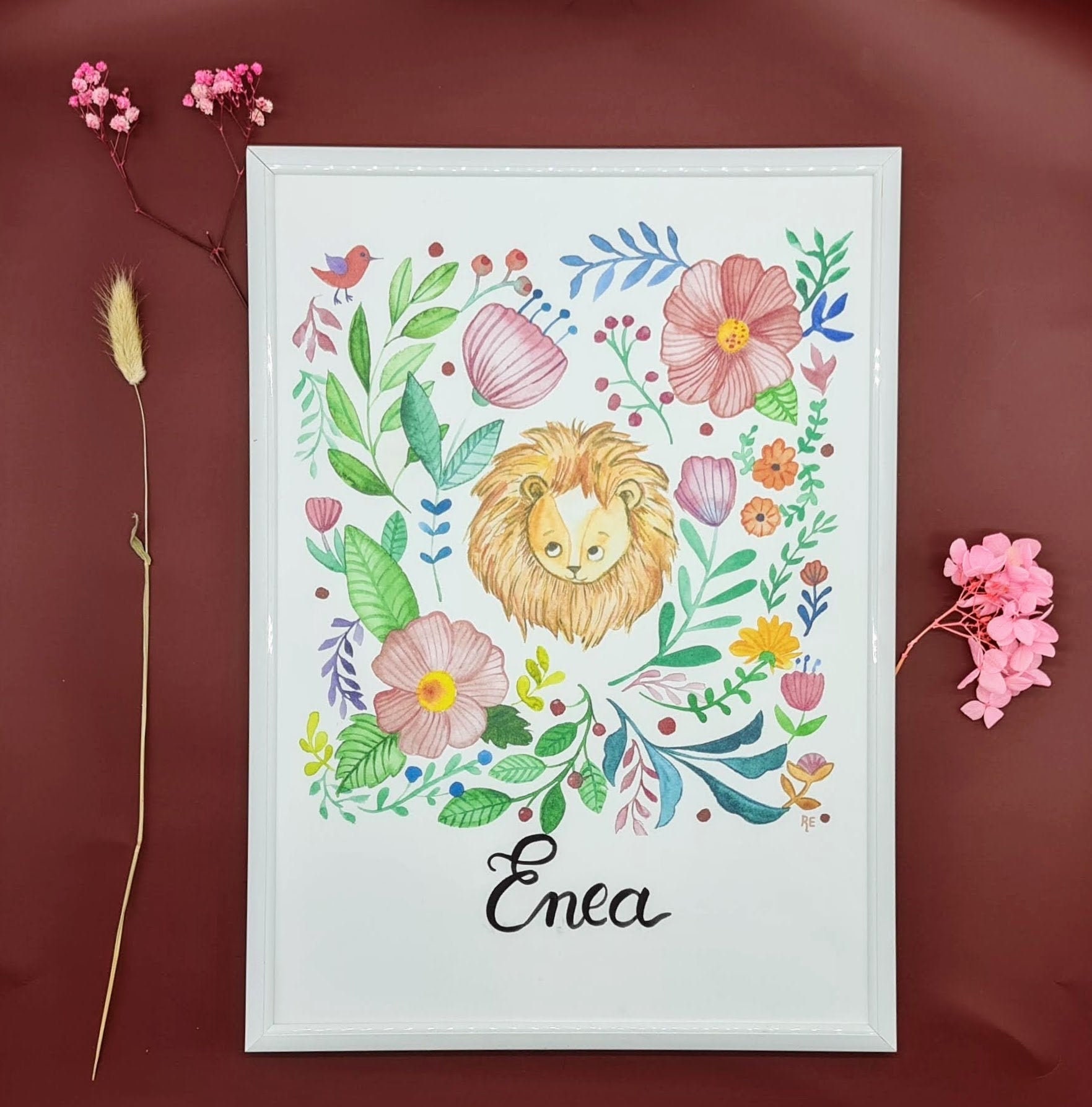 Aquarelle Lion Fleurs & Calligraphie