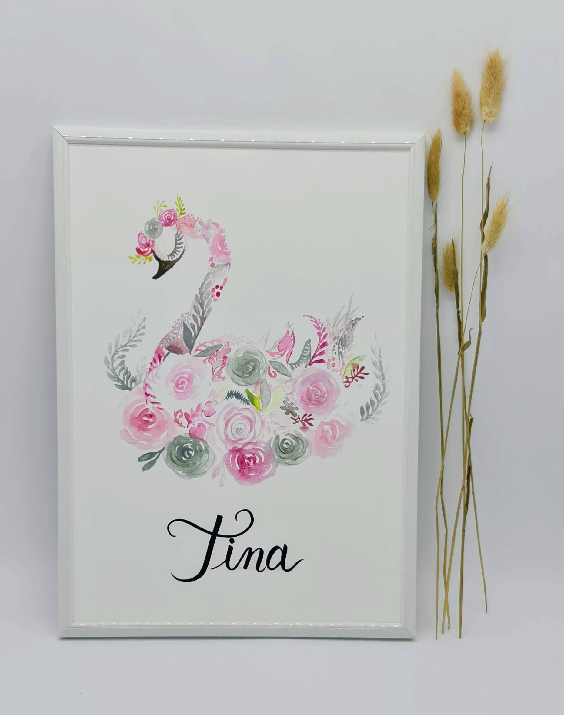 Aquarelle Cygne Fleuri & Calligraphie