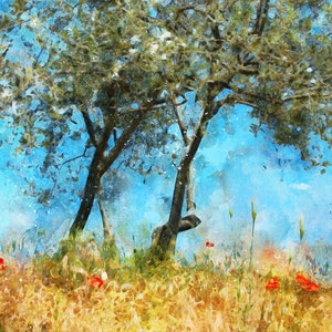 Tuscan Summer Olive Trees Poppies digital watercolour wall art Italy Tuscany Italian landscape field wildflowers flowers print countryside