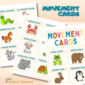May include: A set of animal-themed movement cards with illustrations of animals performing various actions. The cards feature colorful graphics and text, including "Crab Walk," "Dog Crawl," and "Elephant Stomp." The words "Movement Cards" are prominently displayed.