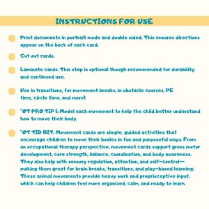 May include: A cream-colored page with the title "INSTRUCTIONS FOR USE" in blue text. The page contains bullet points with instructions for movement cards, including printing, cutting, and laminating. The text also includes tips for using the cards.