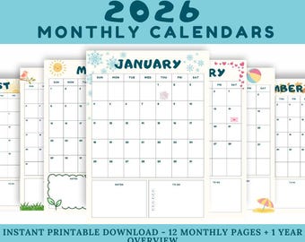 2026 Monthly Calendar Printable | New Year Homeschool Planner | Month at a Glance Kid Themed