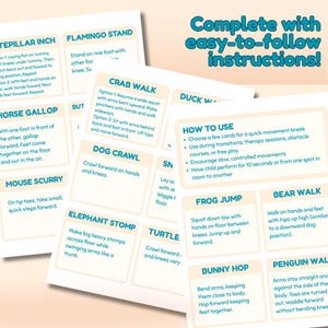May include: A set of colorful cards with movement instructions for children. The cards feature various exercises like the crab walk, frog jump, and bear walk, with text instructions and a teal background.