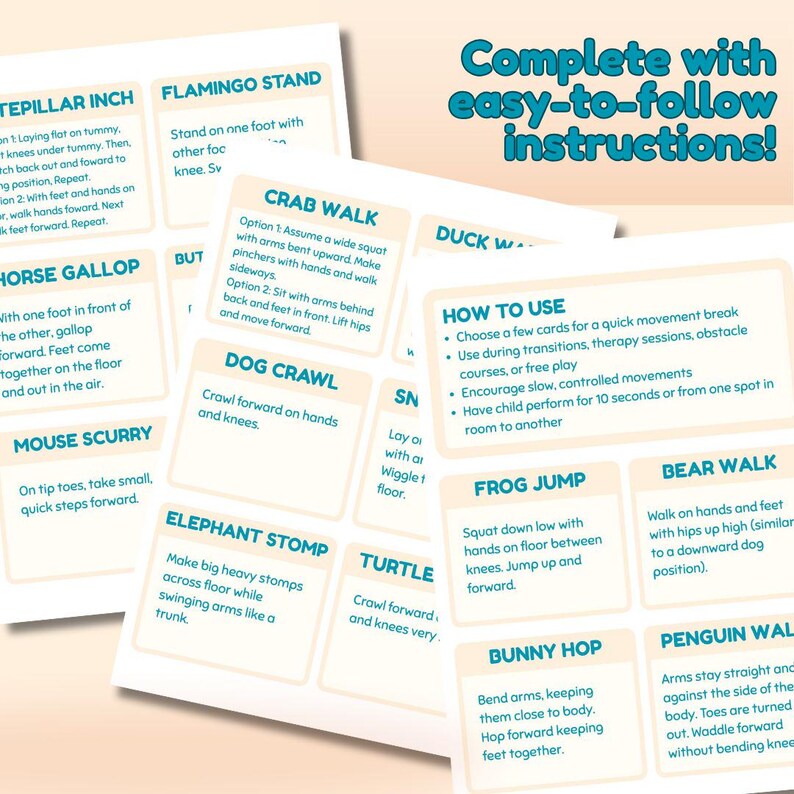 May include: A set of colorful cards with movement instructions for children. The cards feature various exercises like the crab walk, frog jump, and bear walk, with text instructions and a teal background.