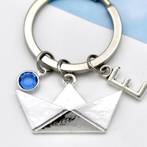 Personalised Origami Paper Boat Key Ring, Boat Charm, Sailing Gift, Yacht Key Ring, Swarovski Birthstone Crystal and Name Initial Charm