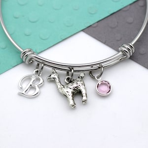 Alpaca Charm Bracelet, Llama Bangle, Animal Jewelry, Personalised Swarovski Birthstone & Initial Name Gift