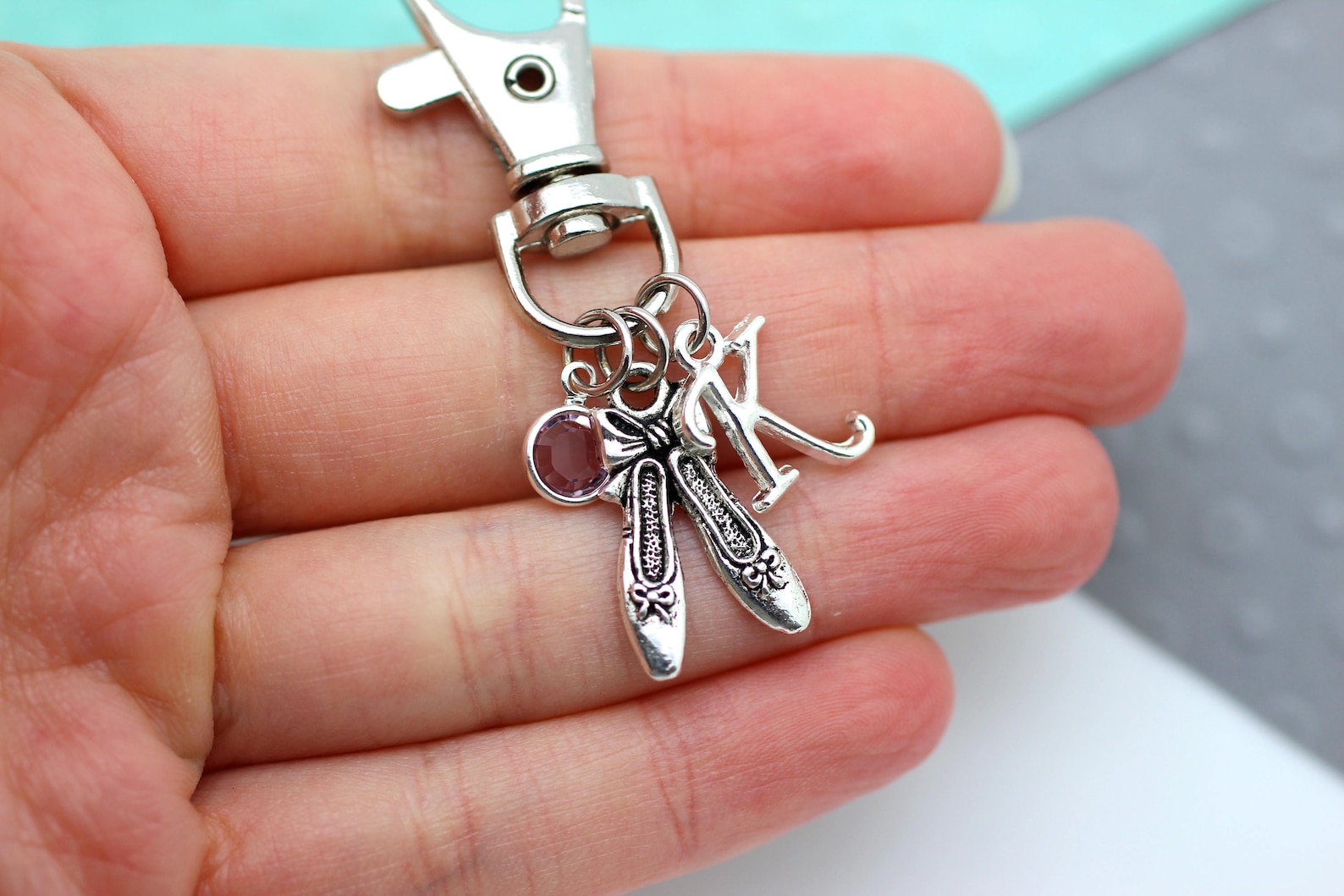 ballet shoes personalized zipper pull charm, custom ballet bag purse clip accessory, pointe shoes, swarovski crystal & initial g