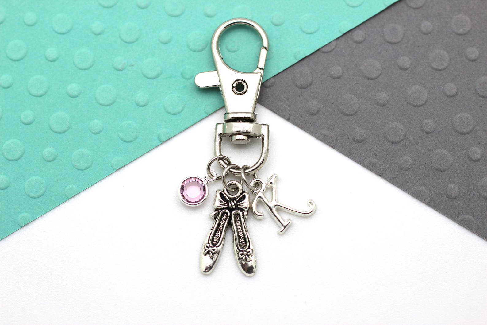 ballet shoes personalized zipper pull charm, custom ballet bag purse clip accessory, pointe shoes, swarovski crystal & initial g