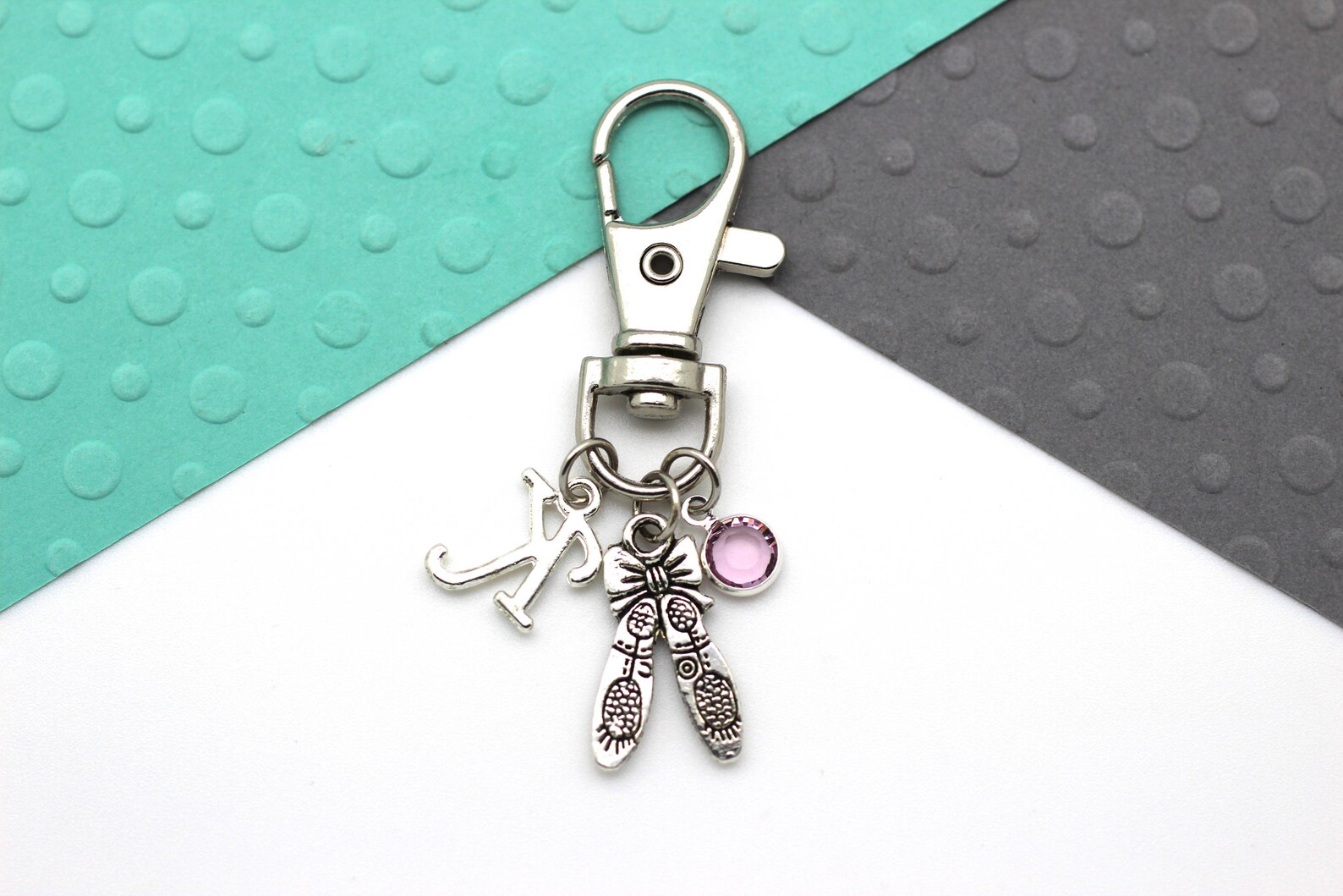 ballet shoes personalized zipper pull charm, custom ballet bag purse clip accessory, pointe shoes, swarovski crystal & initial g