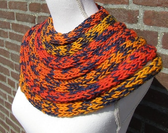 Orange scarf. Blue scarf. Knitted scarf. Infinity scarf. Boho accessory. Orange accessory. Boho necklace. Knitted necklace. Christmas gift