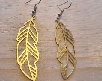 Feather earrings.boho earrings.golden feather.brass feathers.brass earrings.nickelfree earrings.gold feathers.geometric feather earrings.