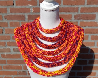 Vibrant scarf. Knitted scarf. Unique scarf. Handmade scarf. Colourful scarf. Infinity scarf. Orange scarf. Fire scarf. Yellow scarf. Cowl.