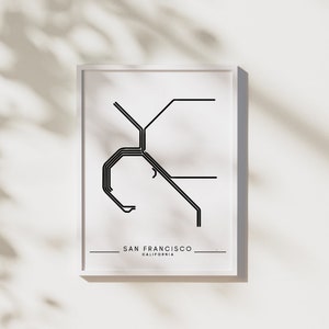 May include: Black and white line art print of the San Francisco subway system, with the text "SAN FRANCISCO, CALIFORNIA" at the bottom.