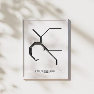 May include: A black and white minimalist print of the San Francisco subway system, with the text "SAN FRANCISCO, CALIFORNIA" at the bottom.
