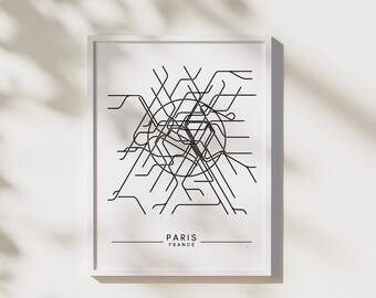 Könnte beinhalten: Ein Schwarzweiß-Linienkunst-Druck der Pariser Metro-Karte mit dem Text "PARIS FRANKREICH" unten.
