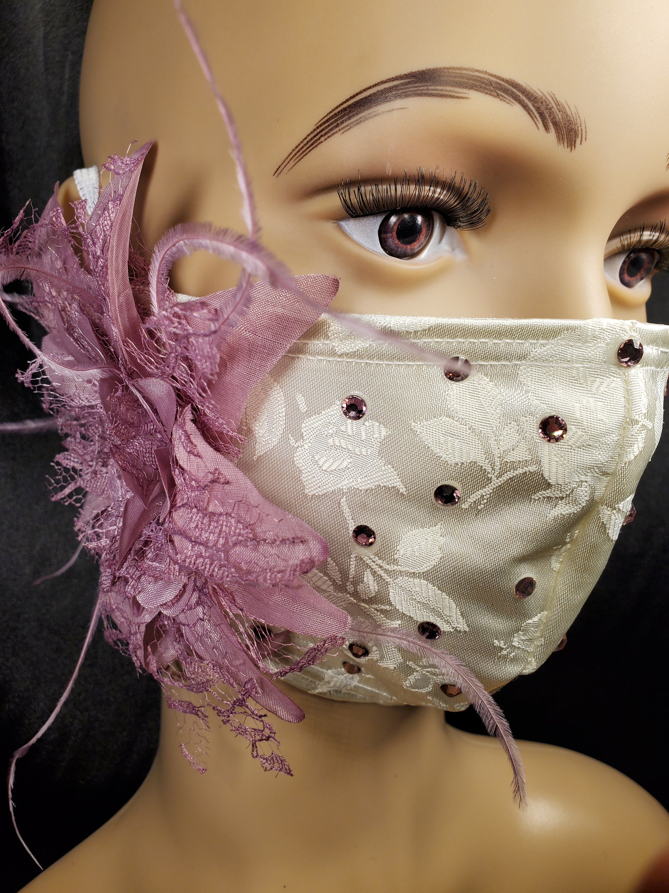 Ivory satin face mask embellished with light amethyst Etsy