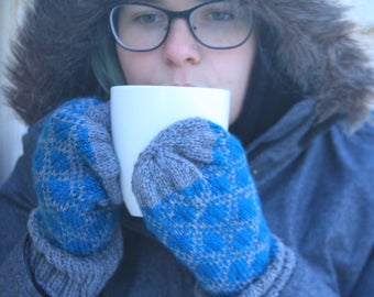 Grey on Teal Hand Knitted Mitts