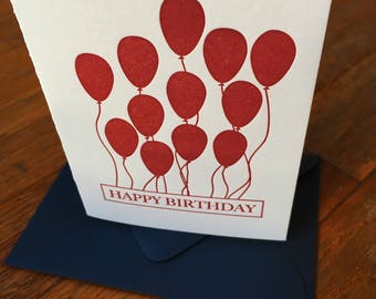 Happy Birthday greeting card with balloons. Beautiful letterpress card with dark red balloons. Unique birthday card to stand out.