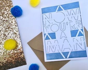 Bar Mitzvah Card - 'Now you're a man' // Mazel Tov greeting card for a new Jewish man. Modern unique letterpress card blue.