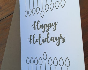 Christmas & Chanukah card. Menorah and Christmas lights with text 'happy holidays'. Beautiful letterpress multi-purpose holiday card.