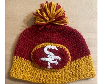 The perfect handmade crochet beanie for a 49ers fan!
