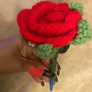 Handmade crochet red rose pen