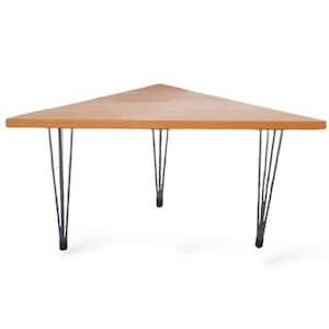 May include: A triangular wooden table with a light brown finish and black hairpin legs.